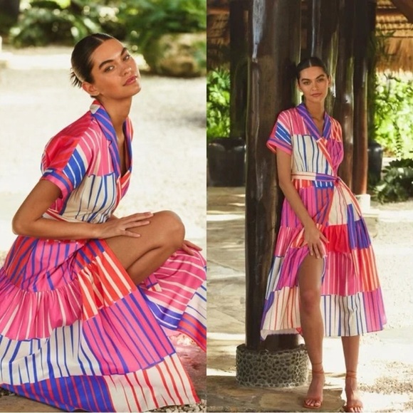New Hutch Rosen Dress Playful Stripes Midi Wrap Dress Size Medium​​​​
